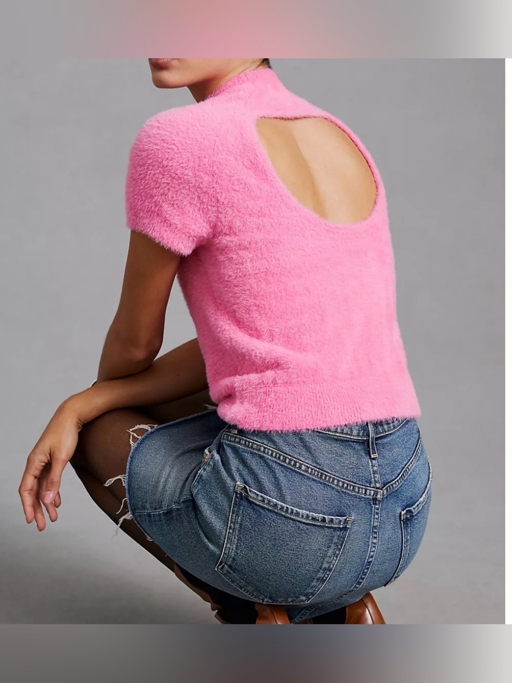 Maeve by Anthropologie Pink Fuzzy Short-Sleeve Open Back Sweater - Size XS